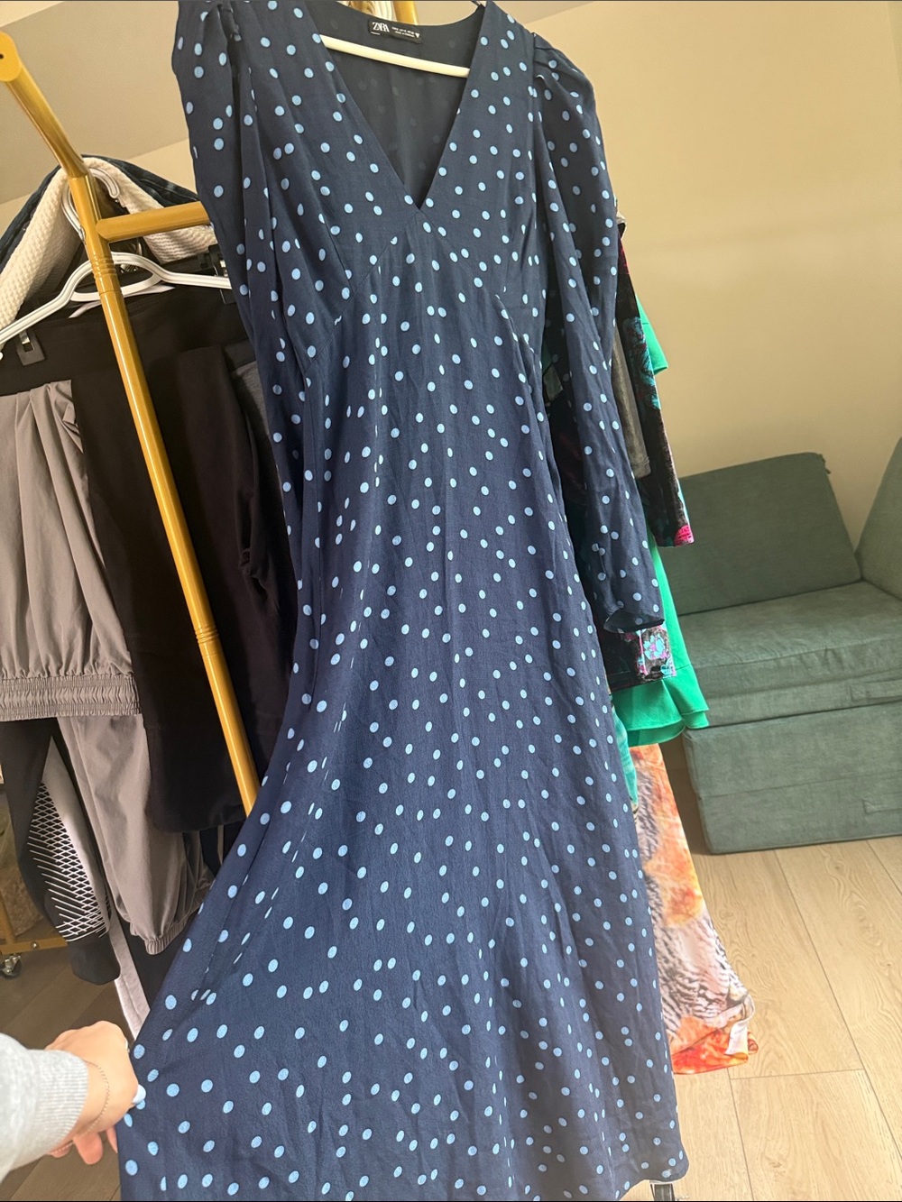 Zara Navy Dress with Light Blue Polka Dots, Long Sleeve Midi - Picture 3 of 3